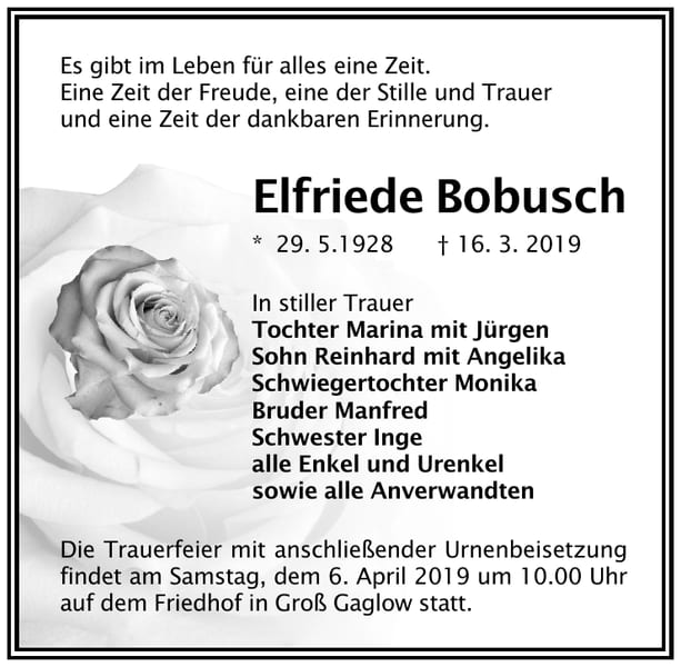 Traueranzeige Elfriede Bobusch