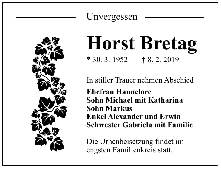 Traueranzeige Horst Bretag