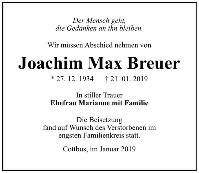Traueranzeige Joachim Max Breuer