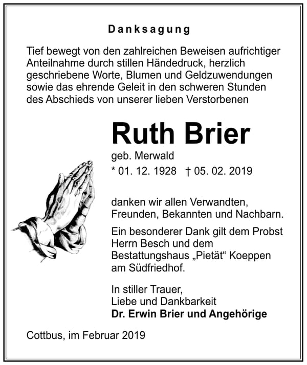 Traueranzeige Ruth Brier, geb. Merwald