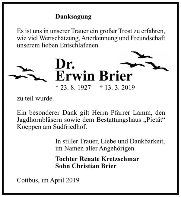Traueranzeige Erwin Brier
