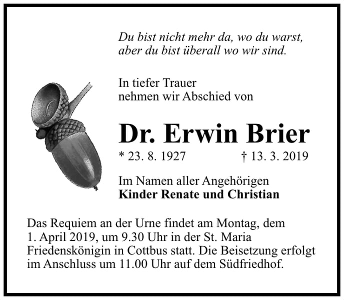 Traueranzeige Dr. Erwin Brier