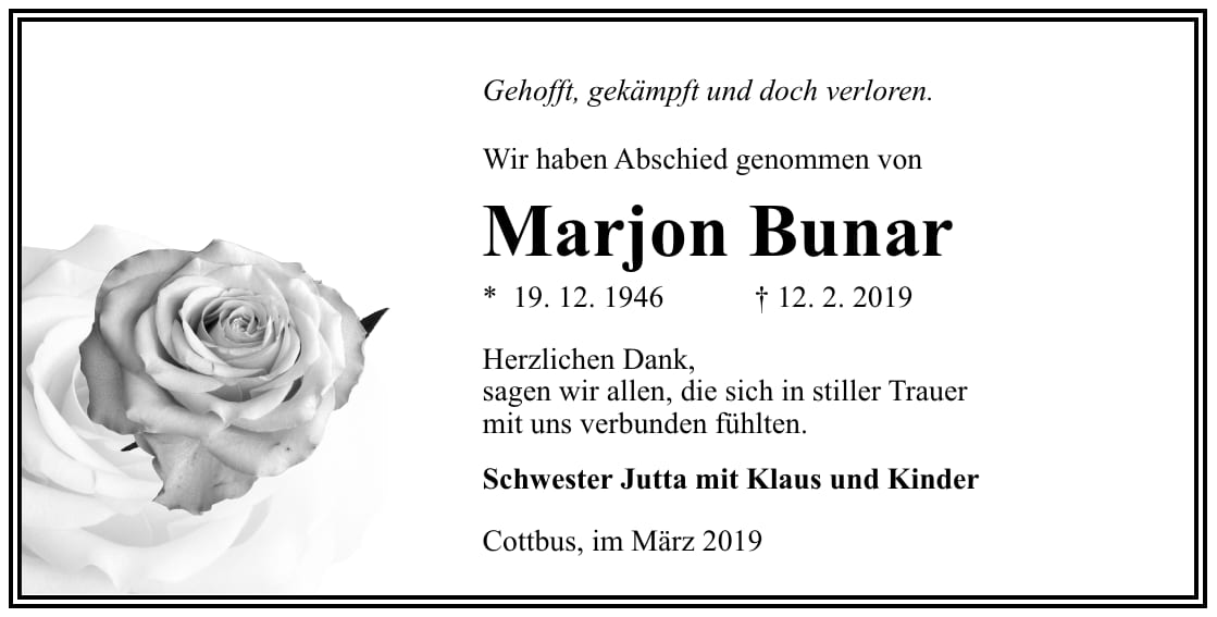 Traueranzeige Marjon Bunar
