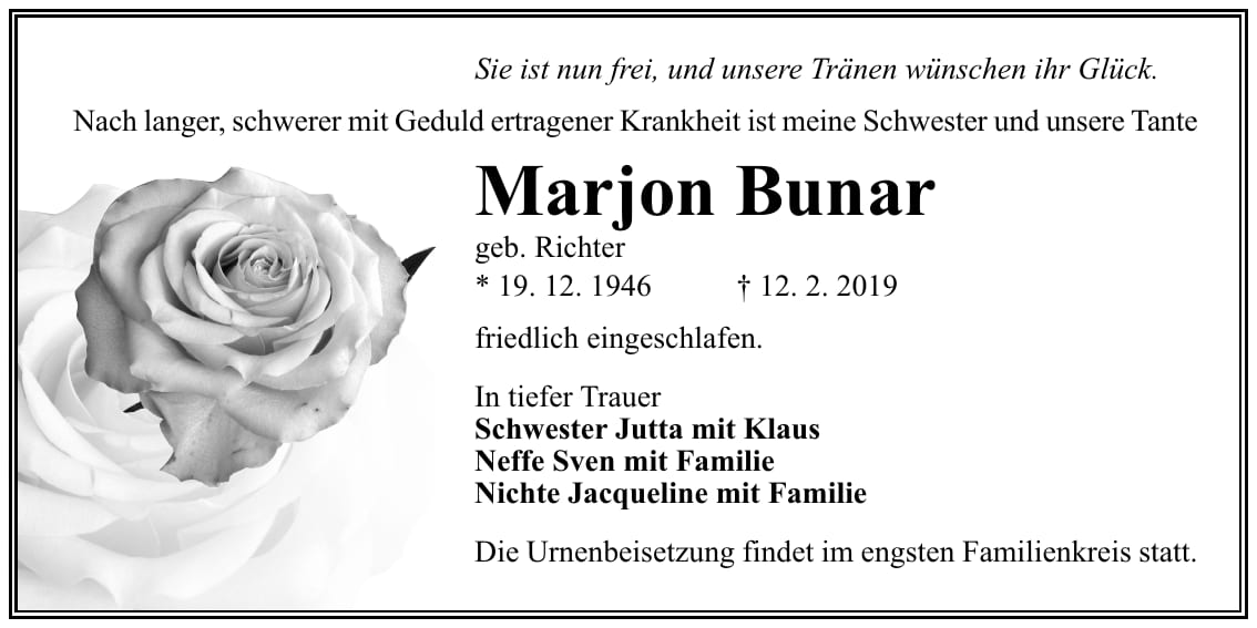 Traueranzeige Marjon Bunar, geb. Richter