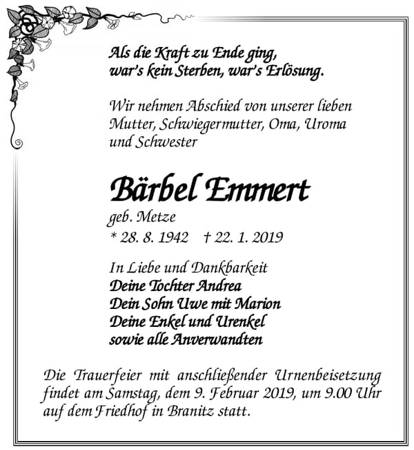 Traueranzeige Bärbel Emmert, geb. Metze