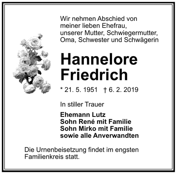 Traueranzeige Hannelore Friedrich