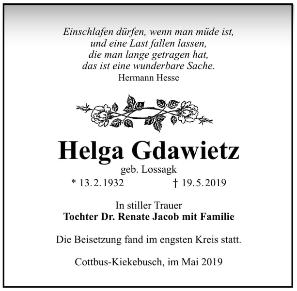 Traueranzeige Helga Gdawietz, geb. Lossagk