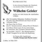 Traueranzeige Wilhelm Geisler
