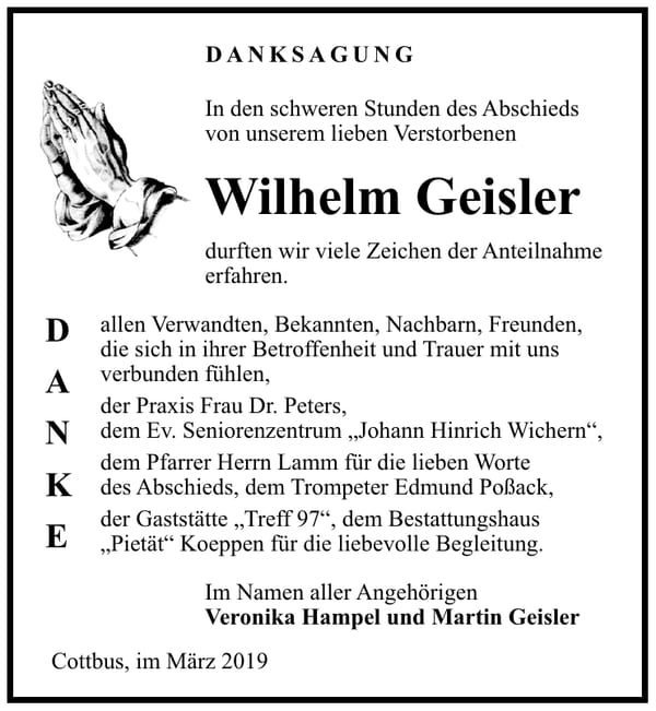 Traueranzeige Wilhelm Geisler