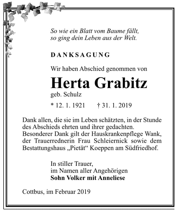 Traueranzeige Herta Grabitz, geb. Schulz