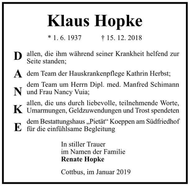 Traueranzeige Klaus Hopke