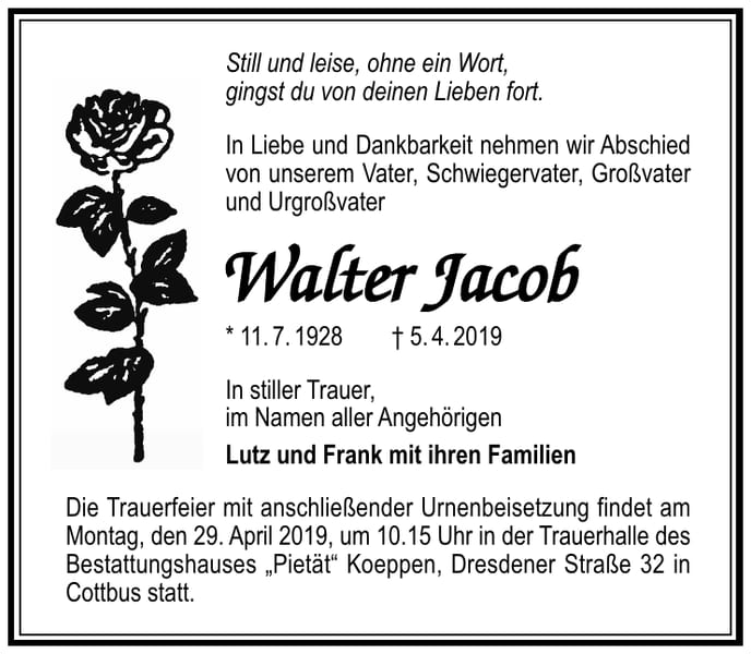Traueranzeige Walter Jacob