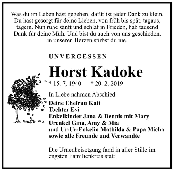 Traueranzeige Horst Kadoke