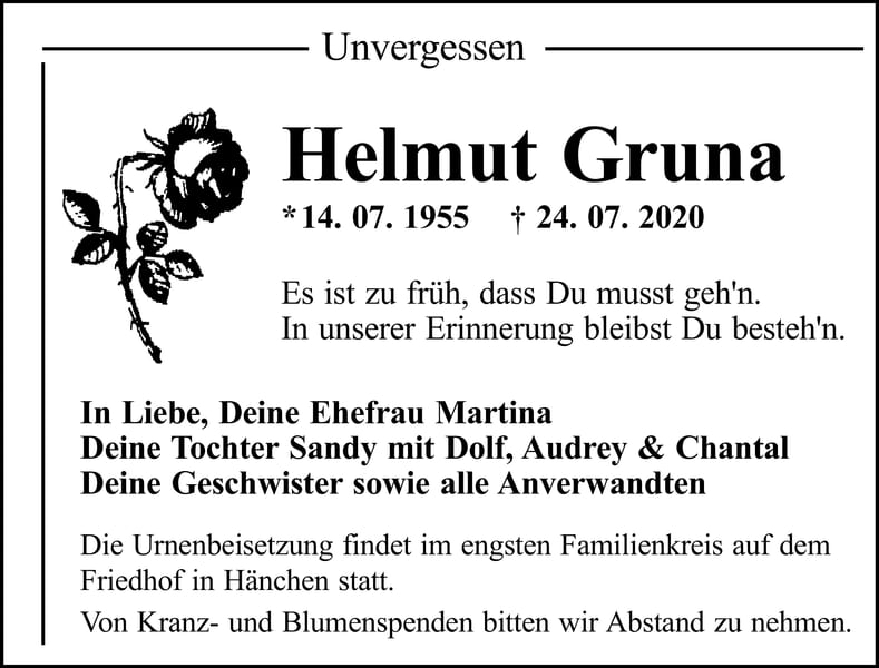Traueranzeige Helmut Gruna