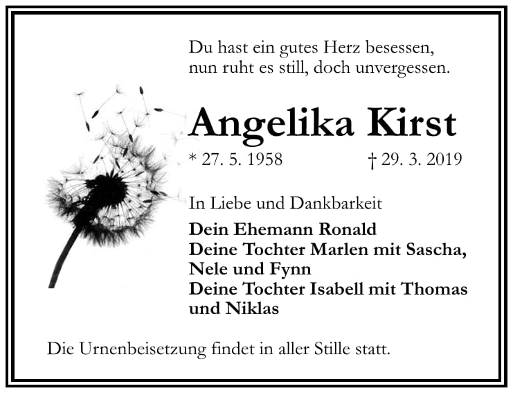 Traueranzeige Angelika Kirst