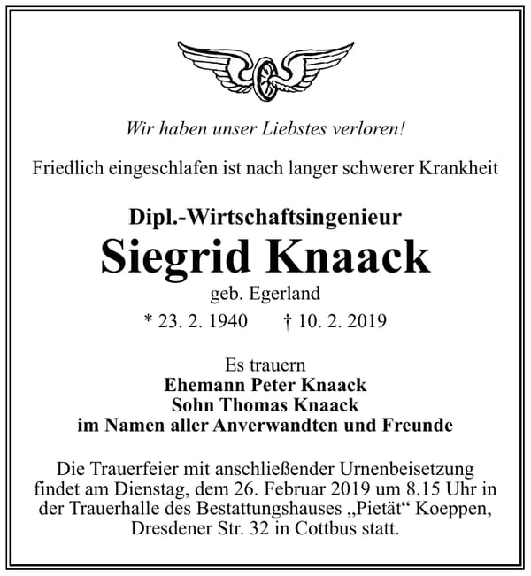 Traueranzeige Siegrid Knaack, geb. Egerland