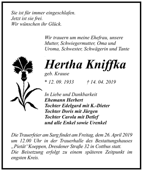 Traueranzeige Hertha Kniffka, geb. Krause