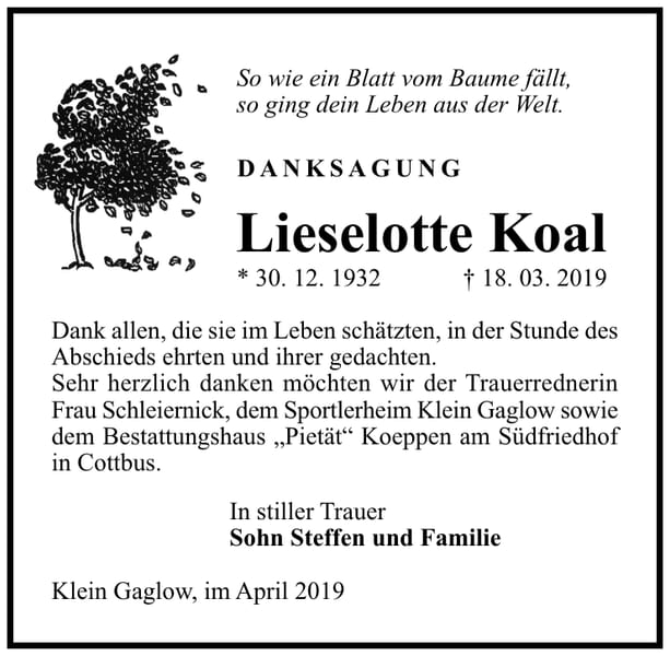 Traueranzeige Lieselotte Koal