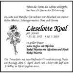 Traueranzeige Lieselotte Koal, geb. Streich