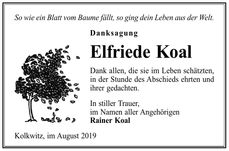 Danksagung Elfriede Koal