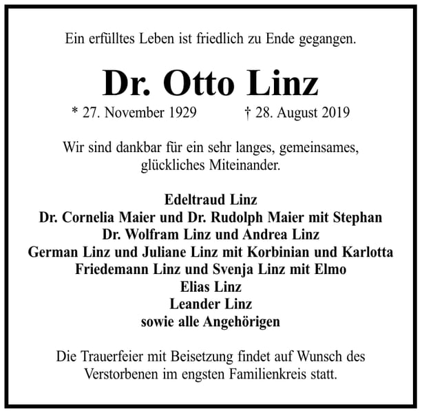 Traueranzeige Dr. Otto Linz