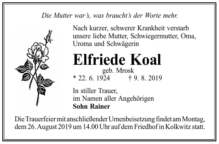 Traueranzeige Elfriede Koal, geb. Mrosk