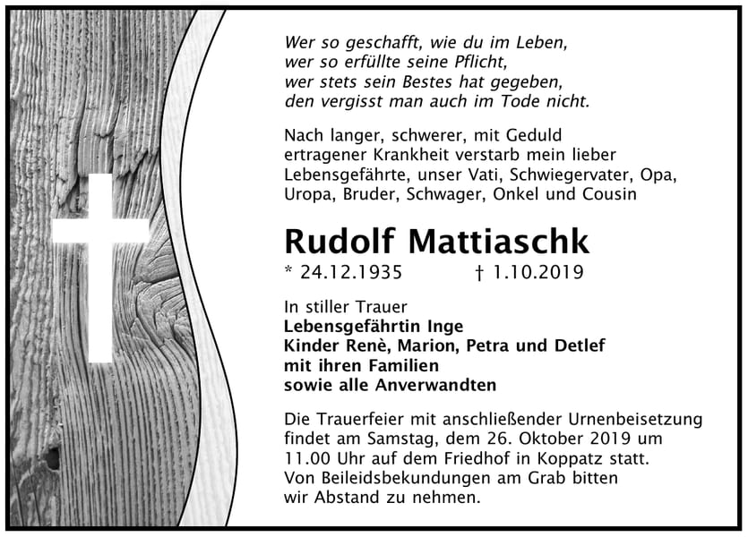 Traueranzeige Rudolf Mattiaschk
