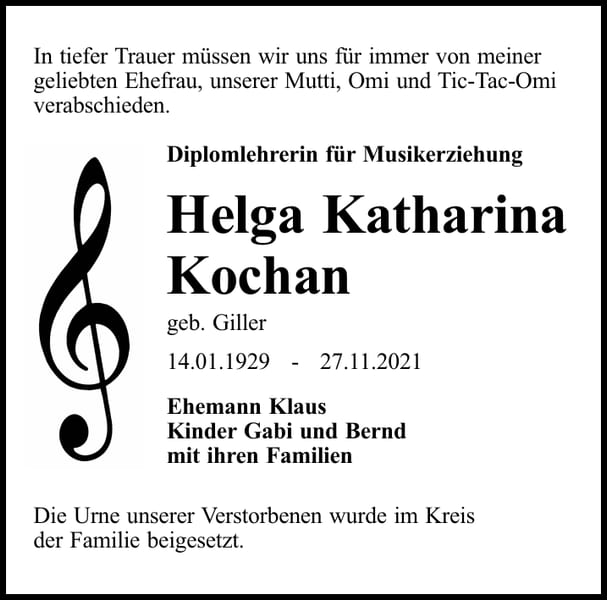 Traueranzeige Helga Katharina Kochan, geb. Gille