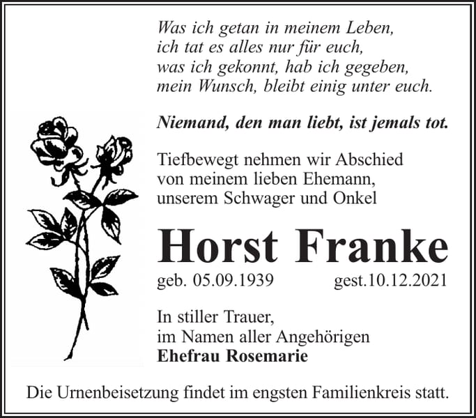 Traueranzeige Horst Franke