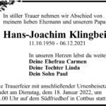 Traueranzeige Hans-Joachim Klingbeil