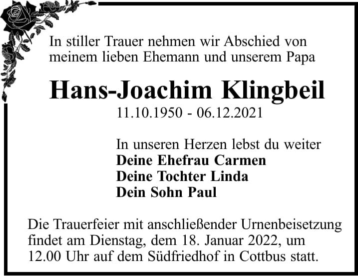 Traueranzeige Hans-Joachim Klingbeil
