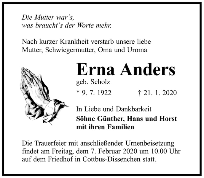 Traueranzeige Erna Anders, geb. Scholz