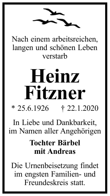 Traueranzeige Heinz Fitzner