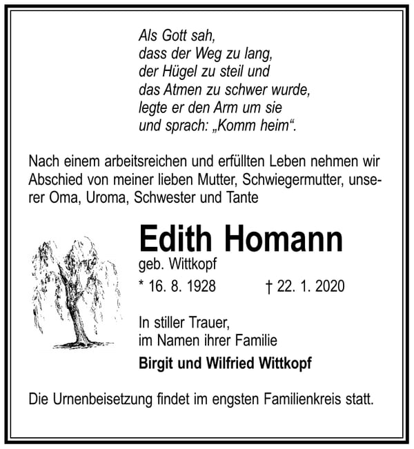 Traueranzeige Edith Homann, geb. Wittkopf