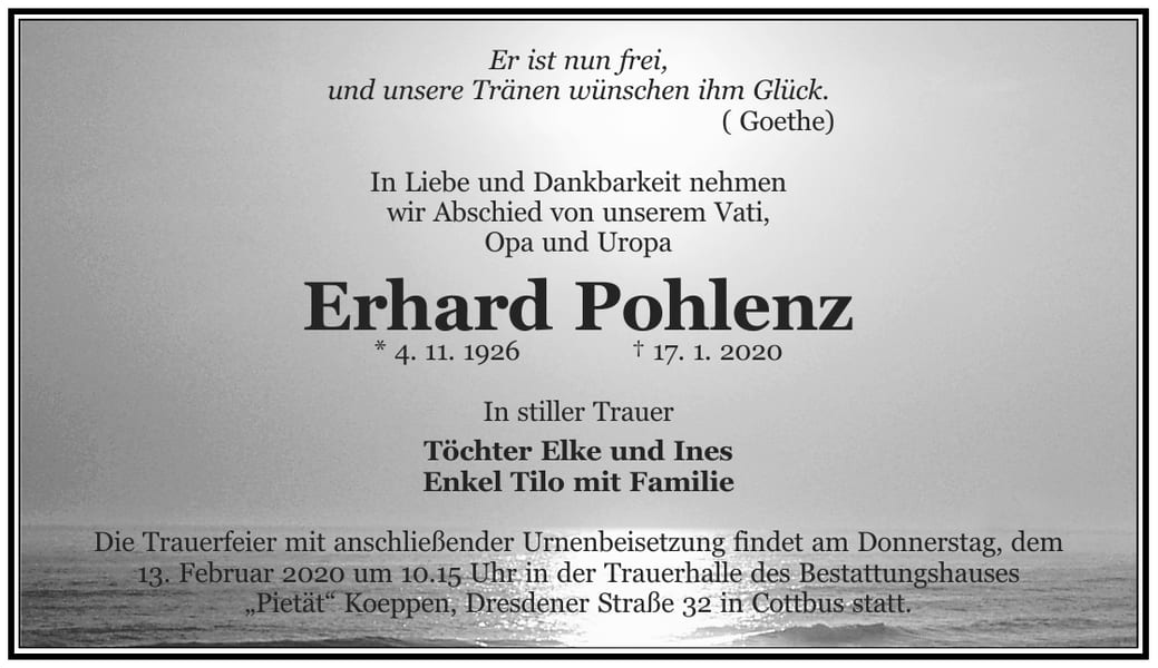 Traueranzeige Erhard Pohlenz