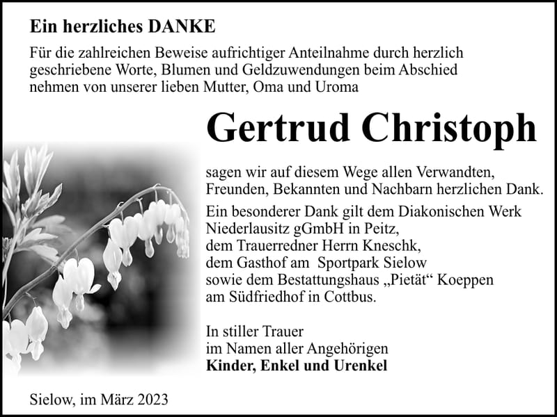 Danksagung Gertrud Christoph