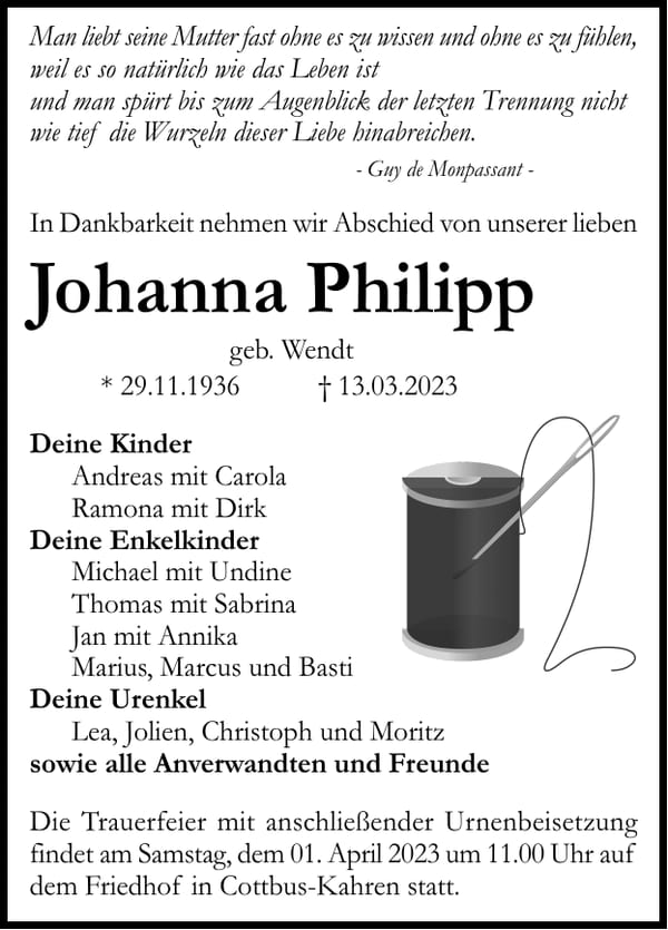 Traueranzeige Johanna Philipp, geb. Wendt