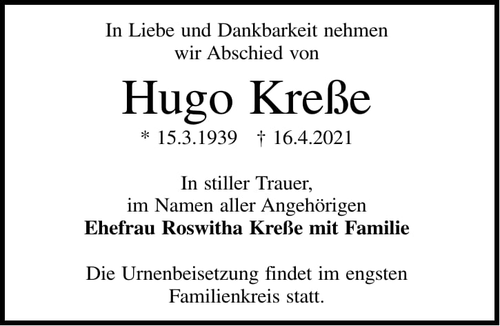 Traueranzeige Hugo Kreße
