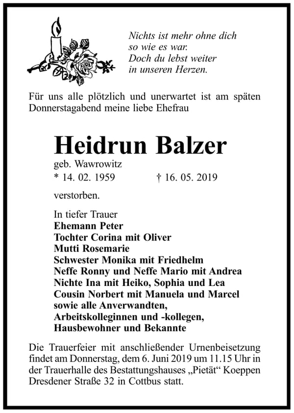 Traueranzeige Heidrun Balzer, geb. Wawrowitz