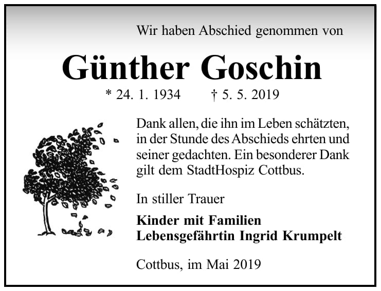 Traueranzeige Günther Goschin