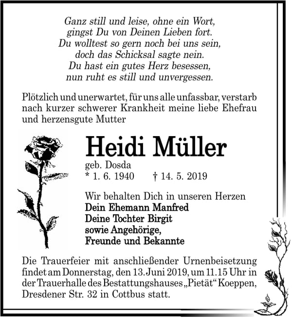 Traueranzeige Heidi Müller, geb. Dosda