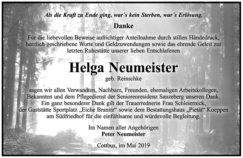 Danksagung Helga Neumeister, geb. Reinschke