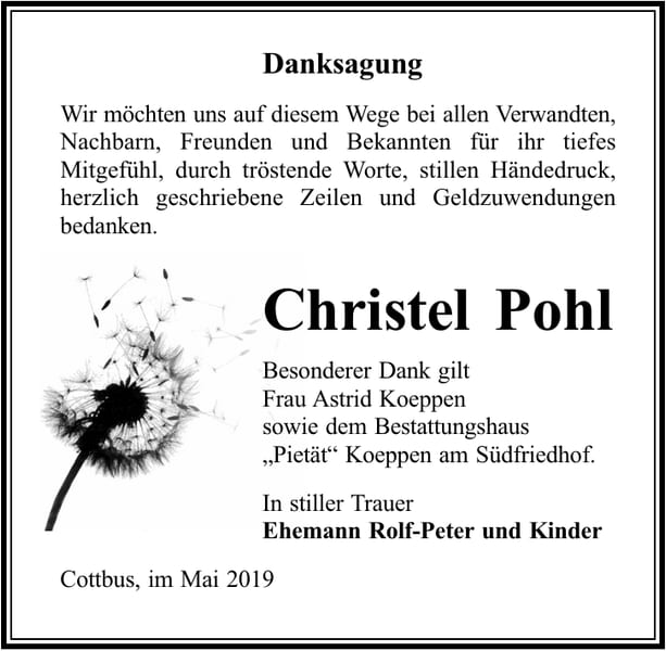 Traueranzeige Christel Pohl