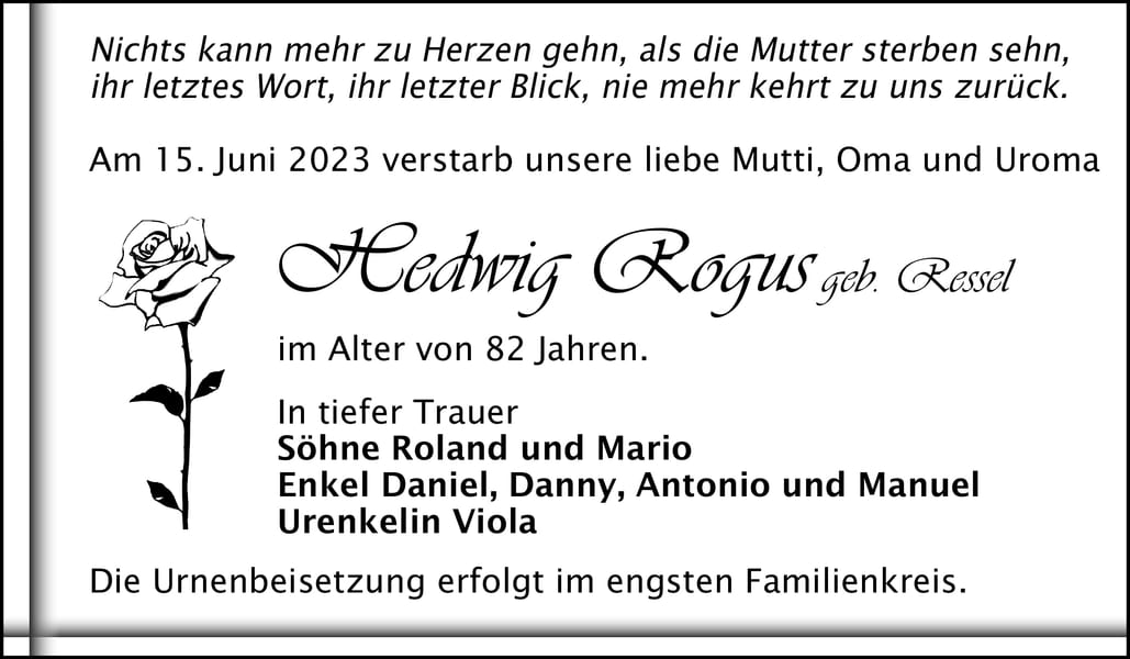 Traueranzeige Hedwig Rogus, geb. Ressel