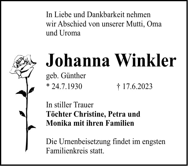Traueranzeige Johanna Winkler, geb. Günther