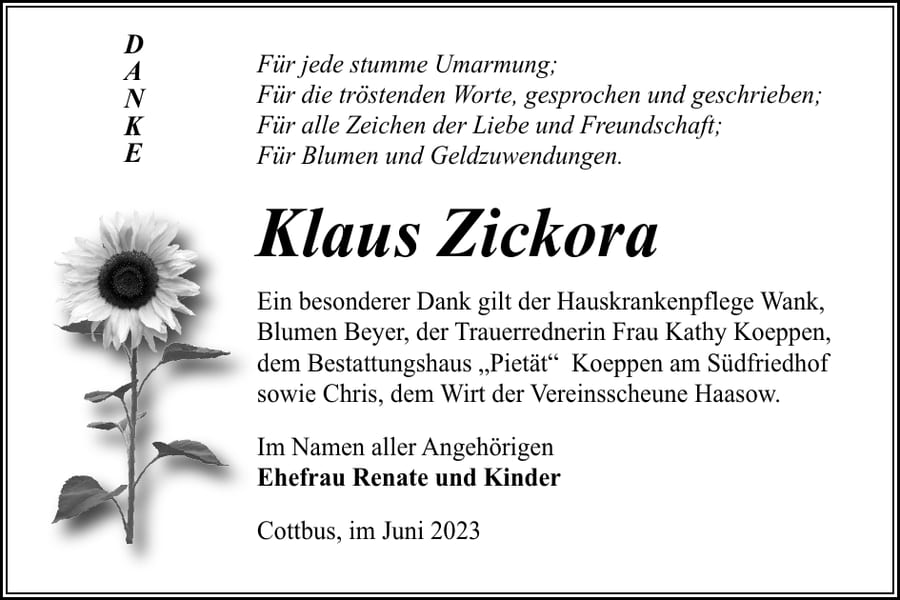 Danksagung Klaus Zickora