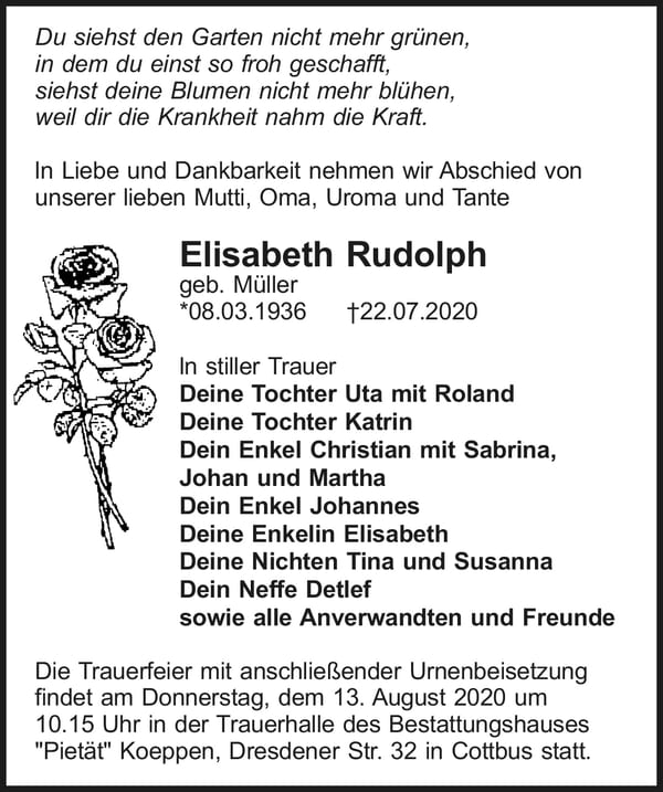 Traueranzeige Elisabeth Rudolph, geb. Müller