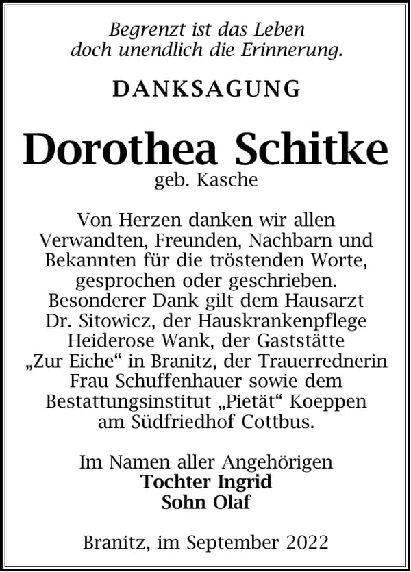 Danksagung Dorothea Schitke, geb. Kasche