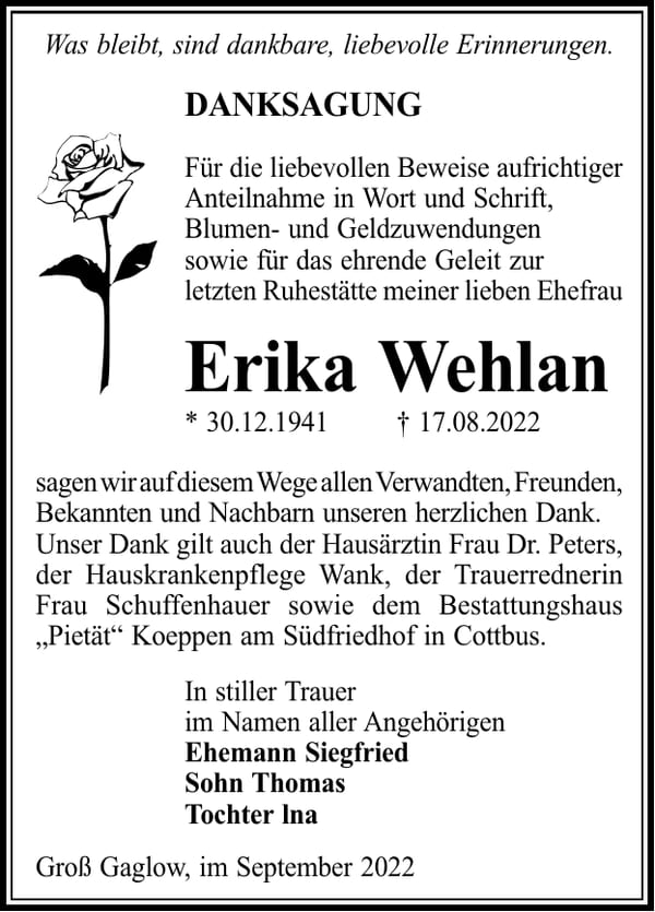 Danksagung Erika Wehlan
