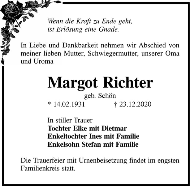 Traueranzeige Margot Richter, geb. Schön